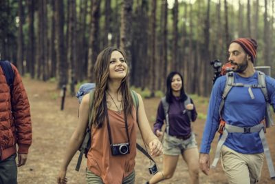 Friends Hanging out at Destination Camp with travel gadgets