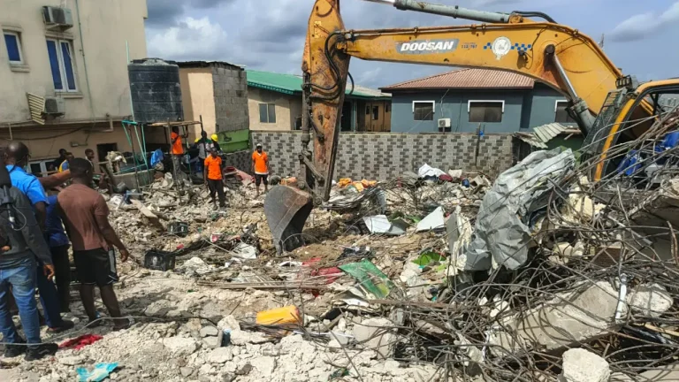 Lagos officials inspecting construction site materials during crackdown on substandard building supplies to prevent building collapse