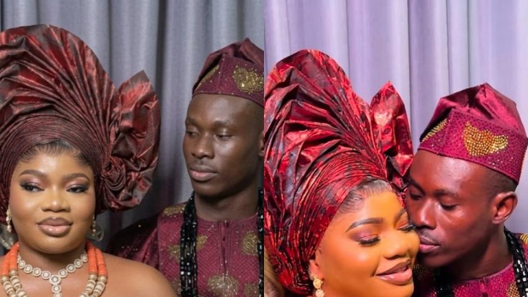 Geh Geh and his bride during their private wedding ceremony surrounded by close family and friends in Nigeria.